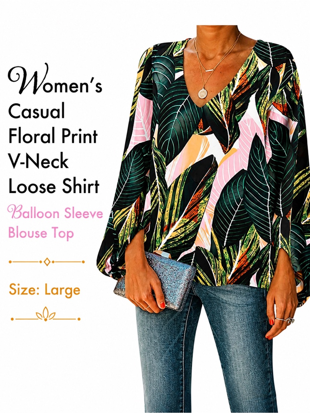 Floral Print V-Neck Balloon Sleeve Blouse